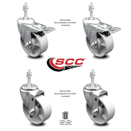 Service Caster Semi Steel Swvl TS Caster w/Roller Bearing-4" Wheel&3/8" Stems-2 w/TTL BRK, 4PK SCC-TSTTL20S415-SSR-381615-2-S-2